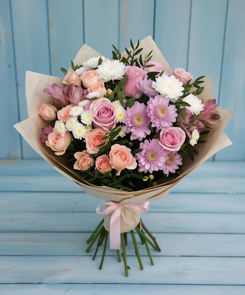 Букет цветов из: Хризантемы, Розы и Альстромерии в Николаевской Республики Чечня