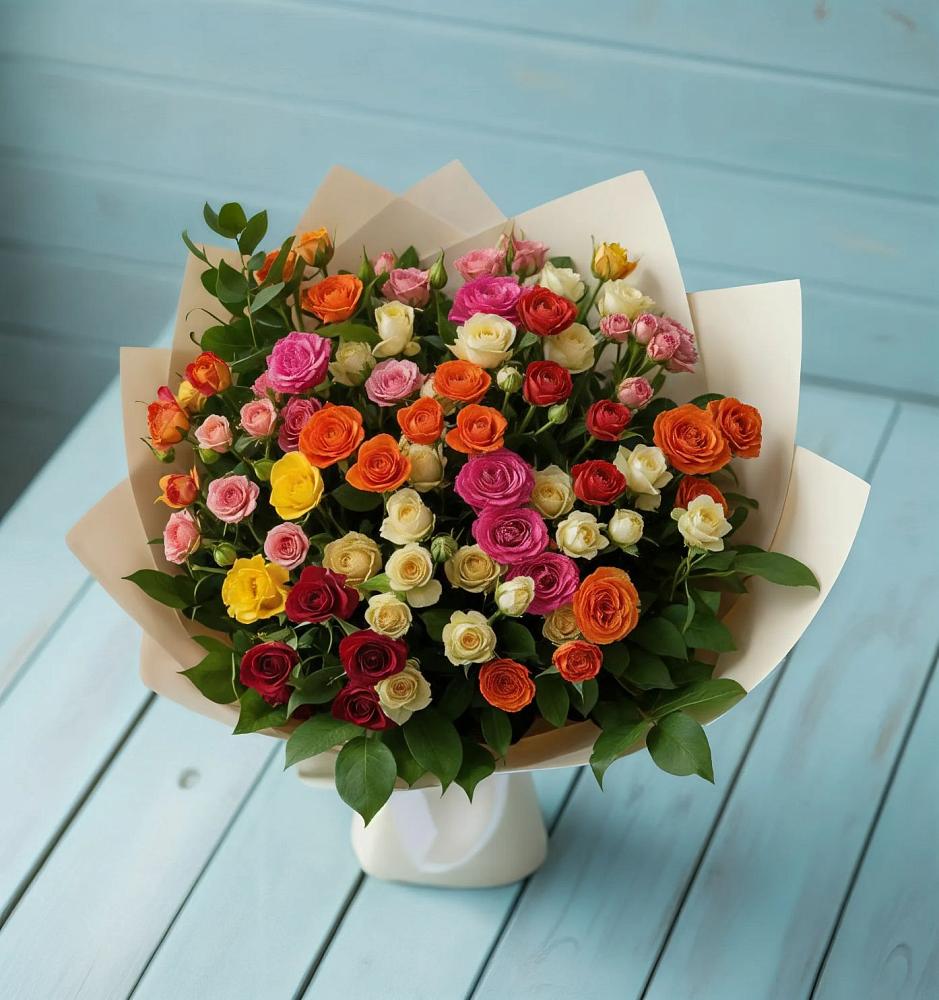 Букет Микс из разноцветных кустовых роз в Николаевской Республики Чечня