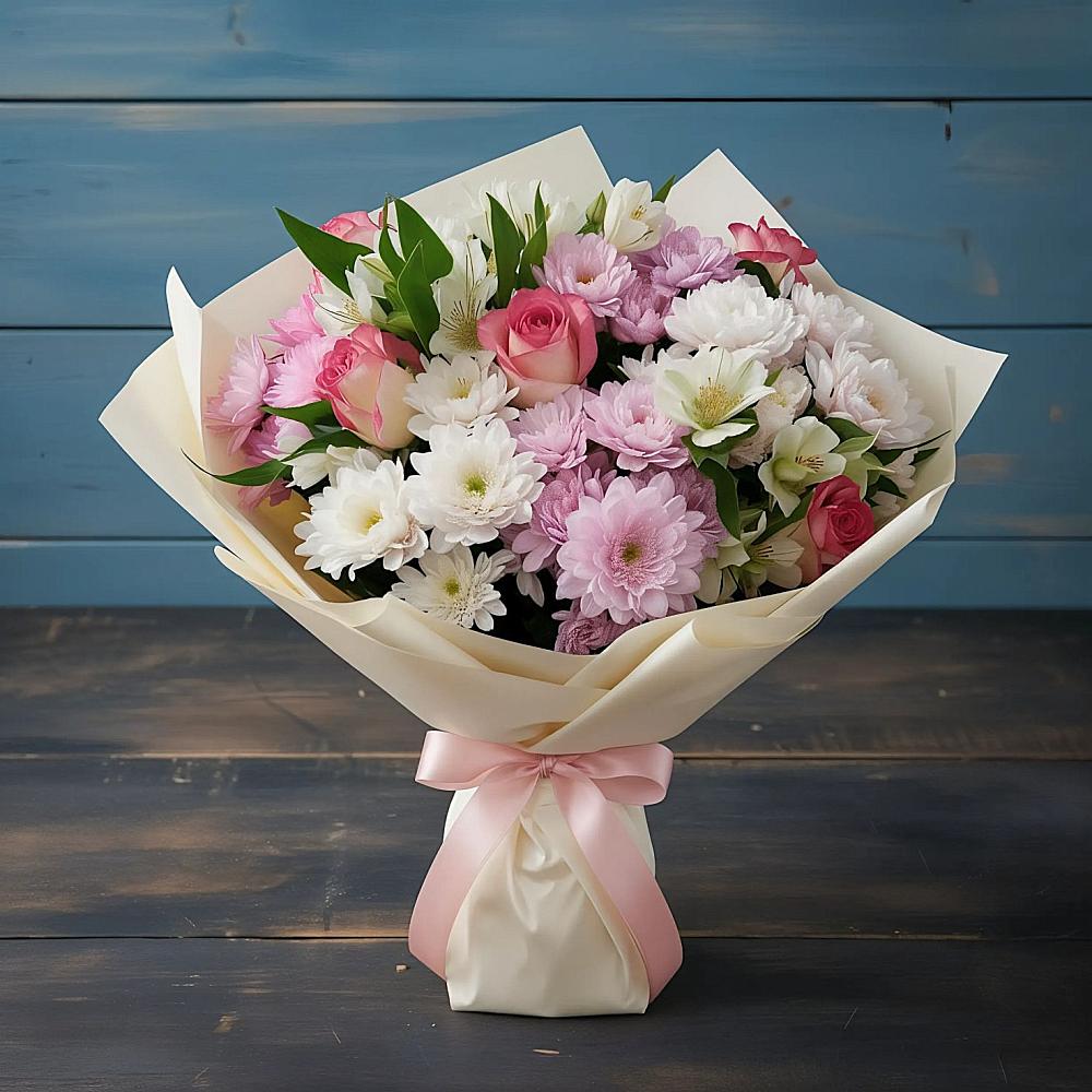 Букет цветов из: Хризантемы, Альстромерии и Розы в Николаевской Республики Чечня